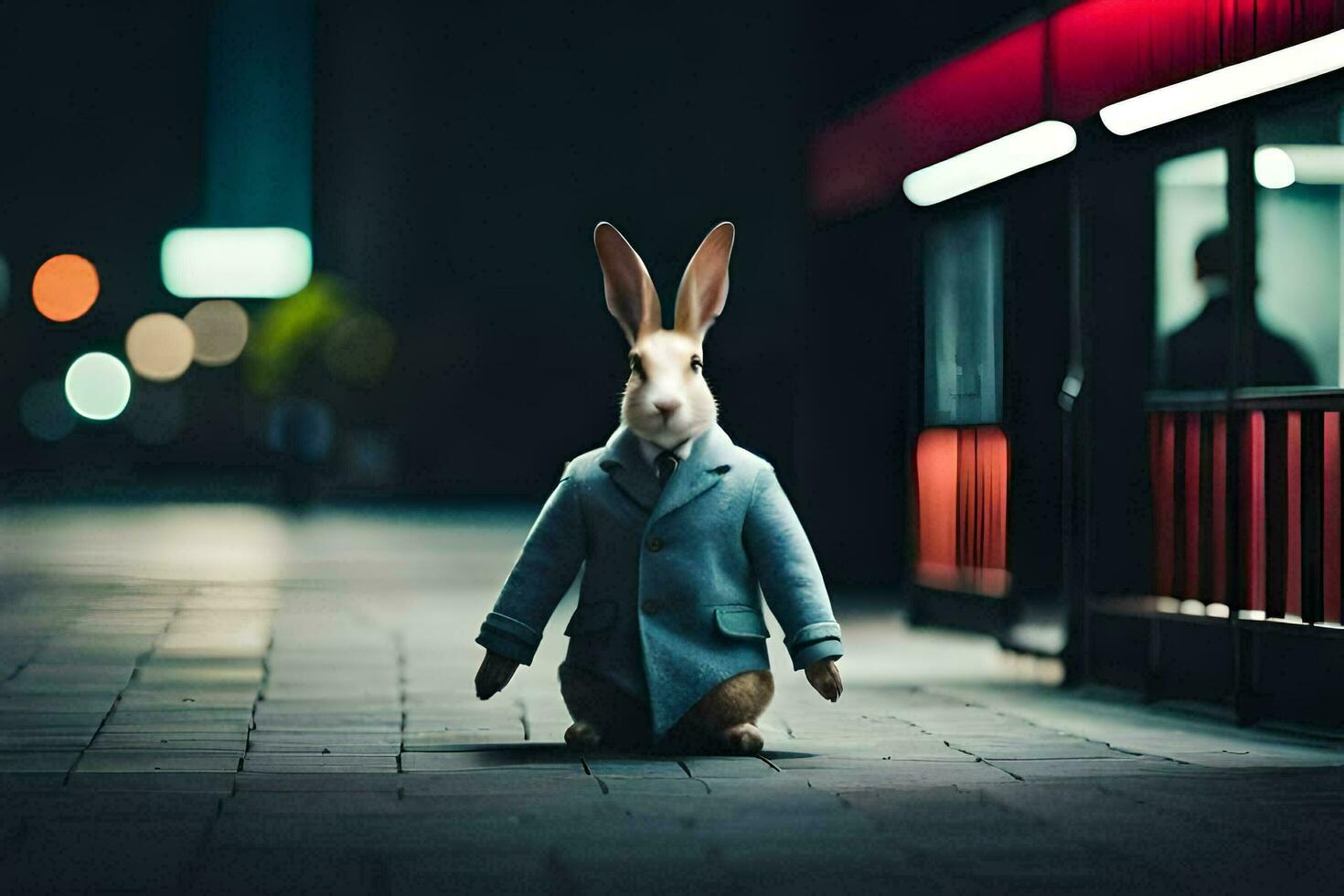 a rabbit in a suit stands on the street at night. AI-Generated photo