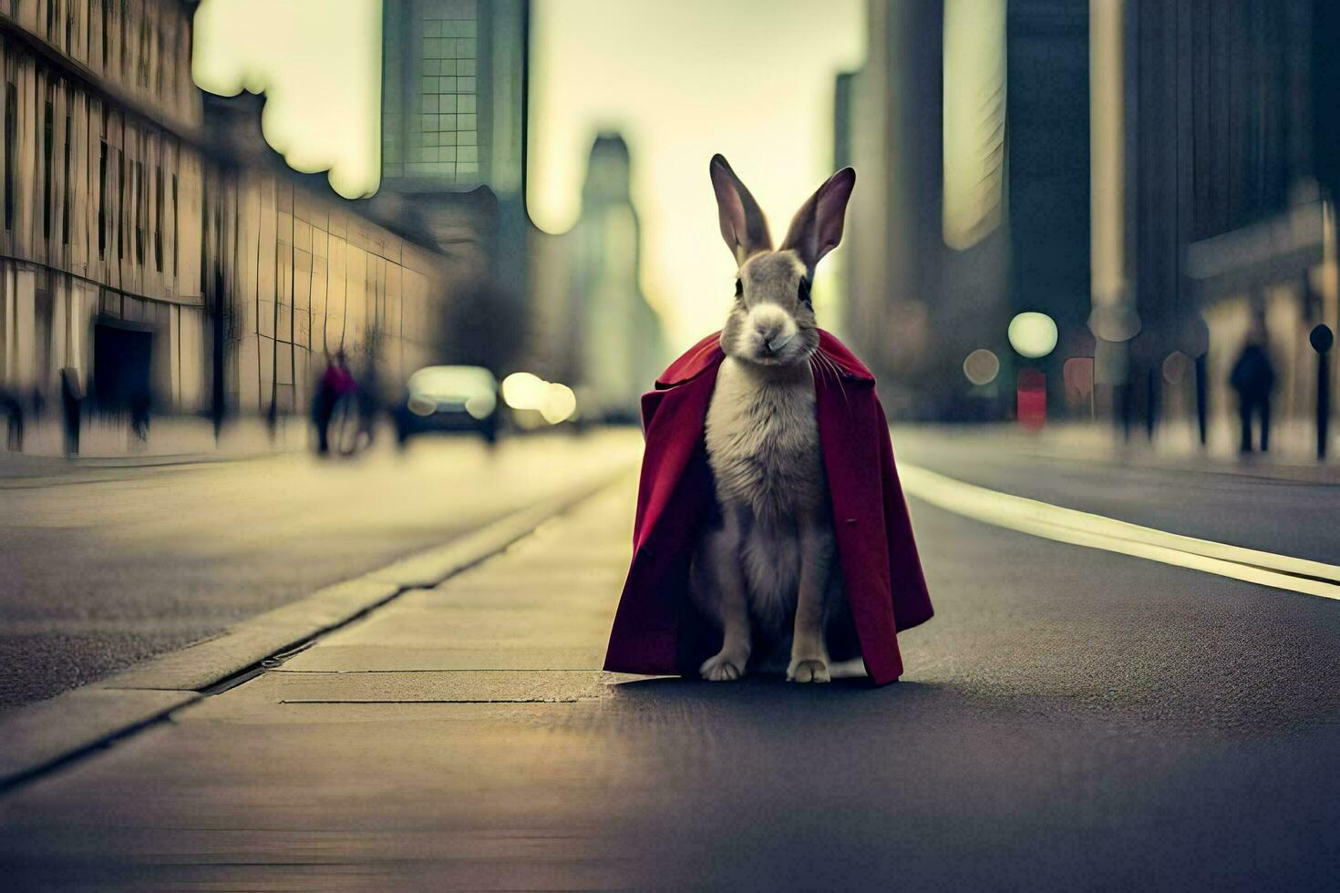 a rabbit wearing a red coat on the street. AI-Generated photo