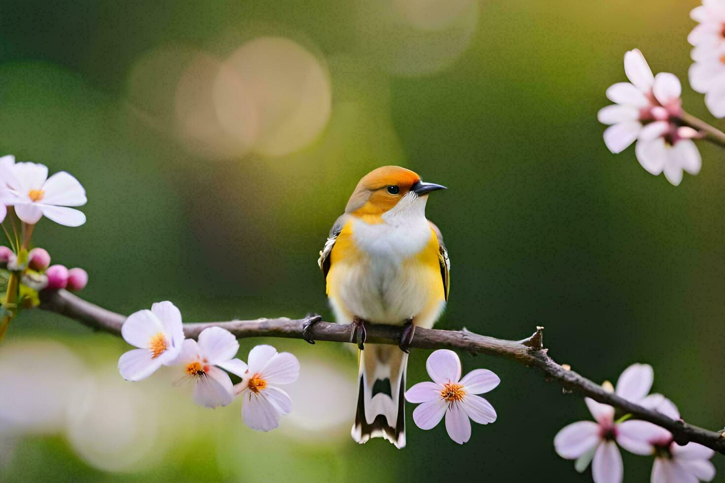 a bird sits on a branch with flowers. AI-Generated photo
