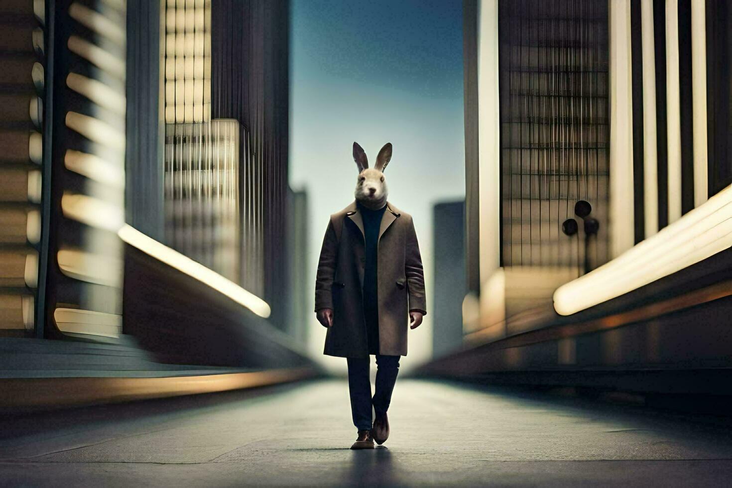 a man wearing a rabbit mask walks down a city street. AI-Generated photo