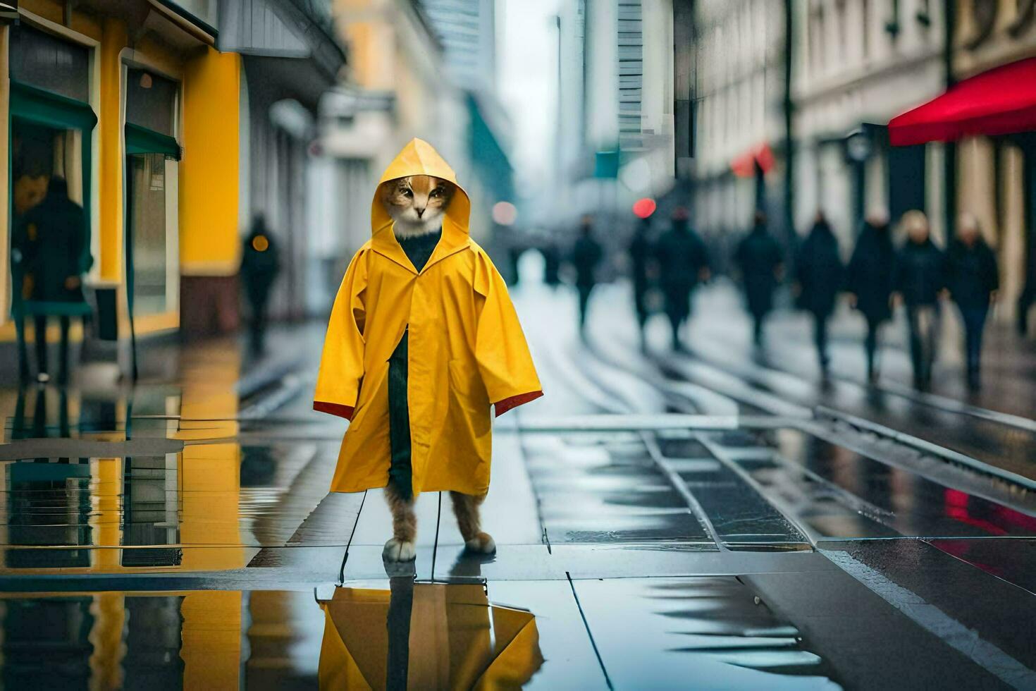 a dog wearing a raincoat on a rainy day. AI-Generated photo