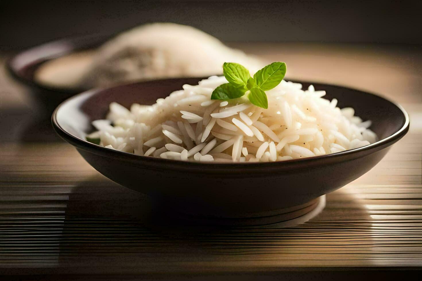 a bowl of rice with a leaf on top. AI-Generated photo