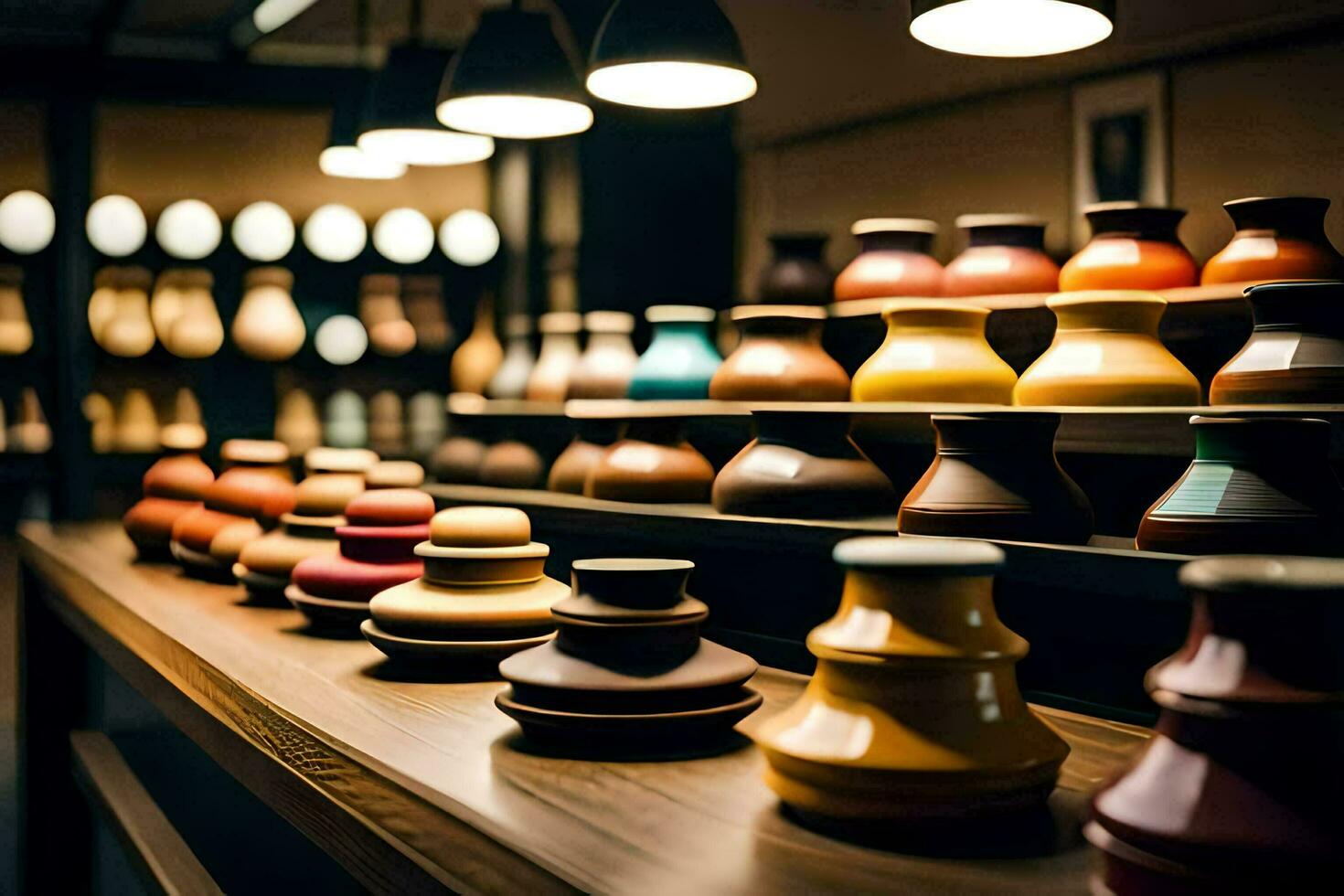 a row of vases on a shelf in a store. AI-Generated photo
