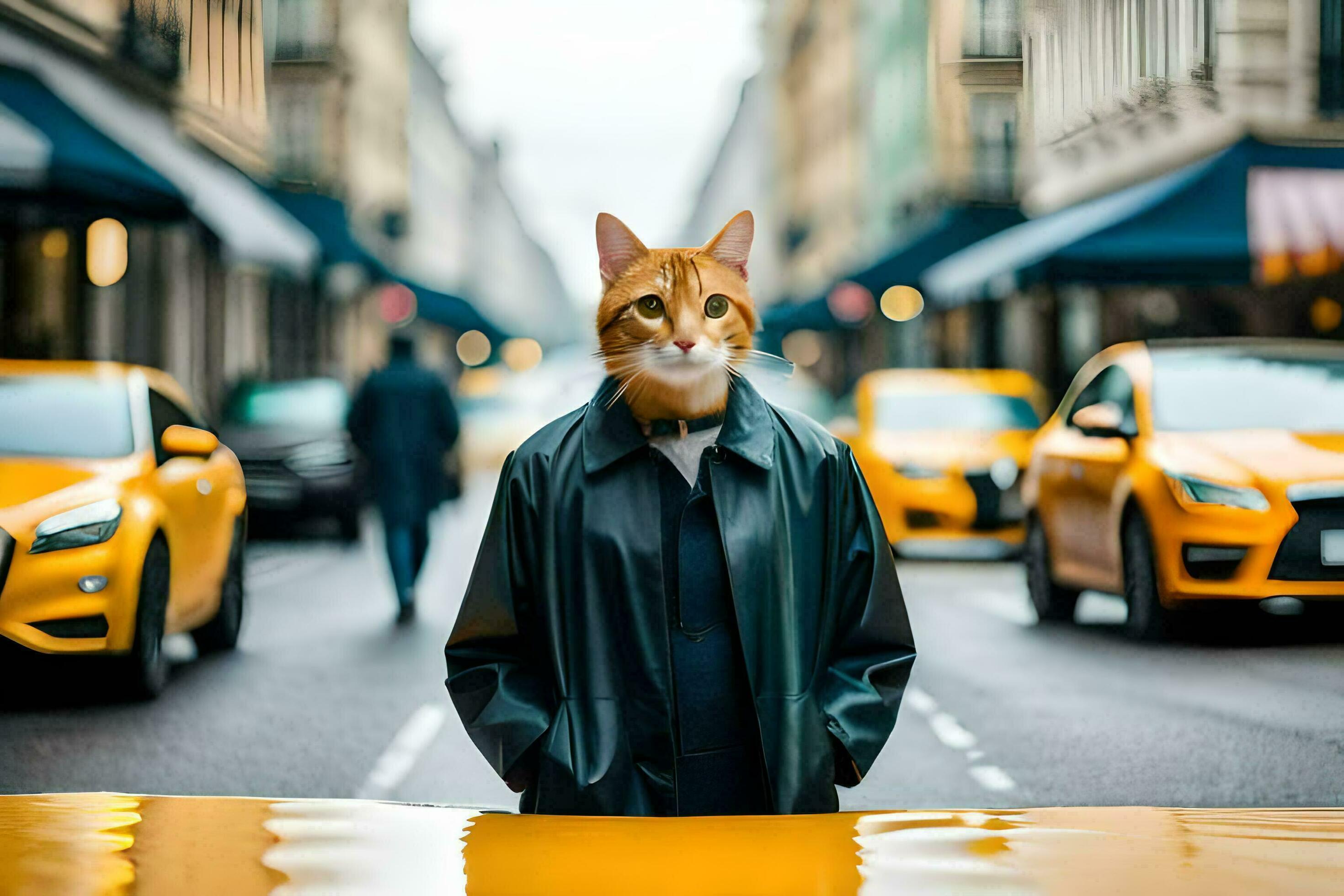a cat wearing a coat and standing in the middle of a city street