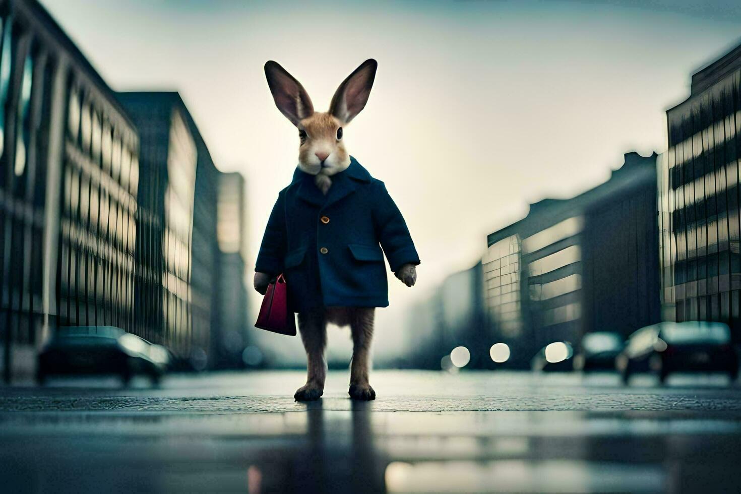 a rabbit dressed in a suit and tie standing in the middle of a city street. AI-Generated photo