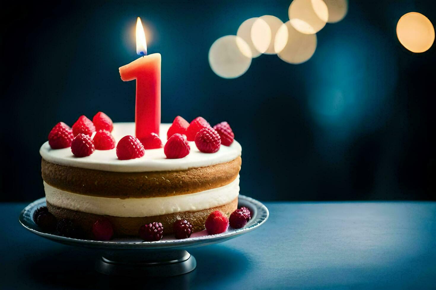 a birthday cake with one candle on top. AI-Generated photo