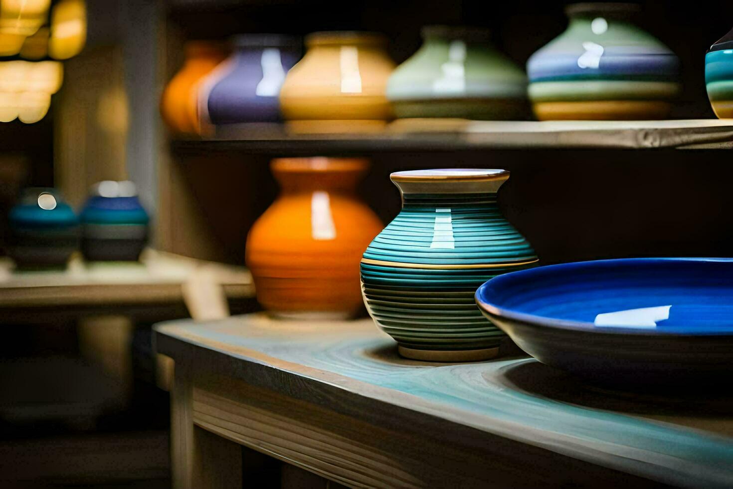 colorful vases and bowls sit on a shelf. AI-Generated photo