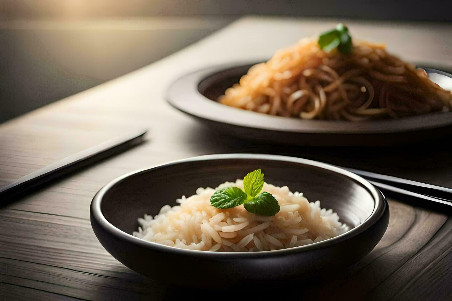 two bowls of noodles and chopsticks on a wooden table. AI-Generated photo