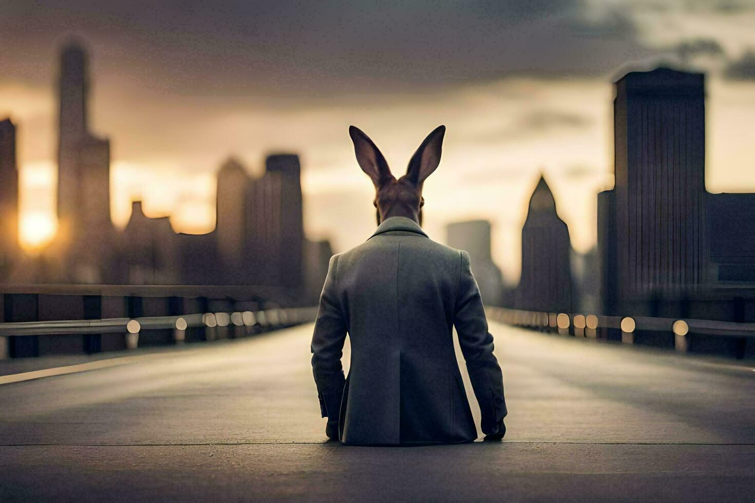 a rabbit wearing a suit and tie sitting on the road. AI-Generated photo