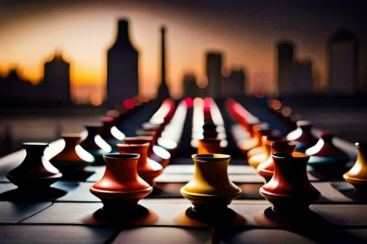 a chess board with many vases on it. AI-Generated photo