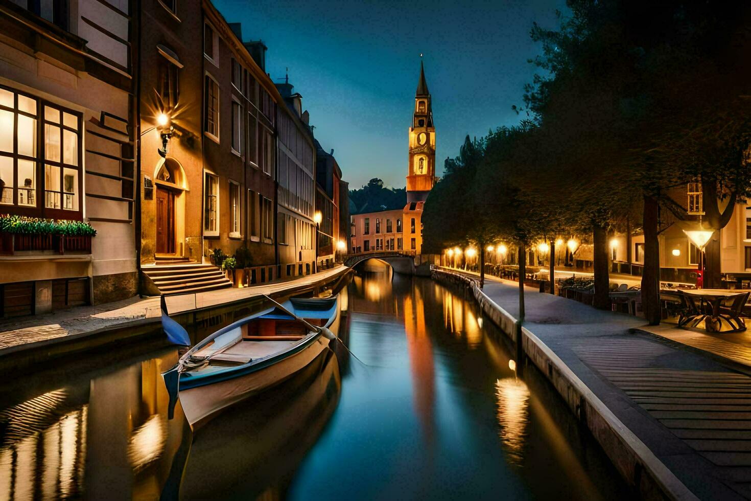 a boat is on the water in a canal at night. AI-Generated photo