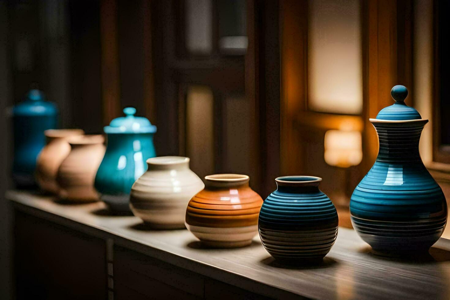 a row of colorful vases on a shelf. AI-Generated photo