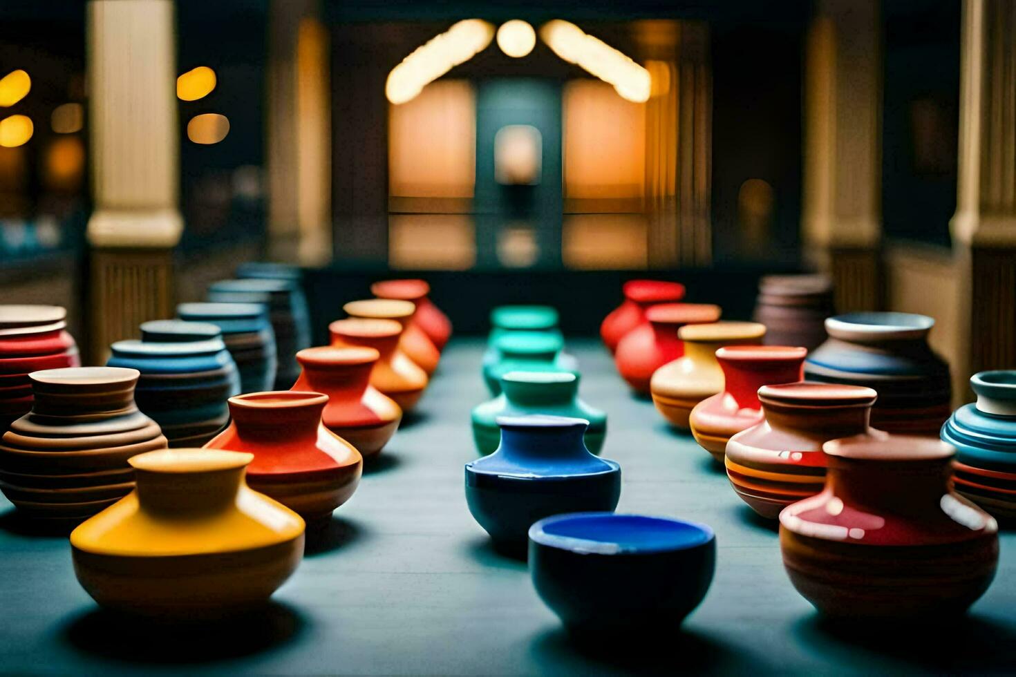 colorful vases sit on a table in a room. AI-Generated photo