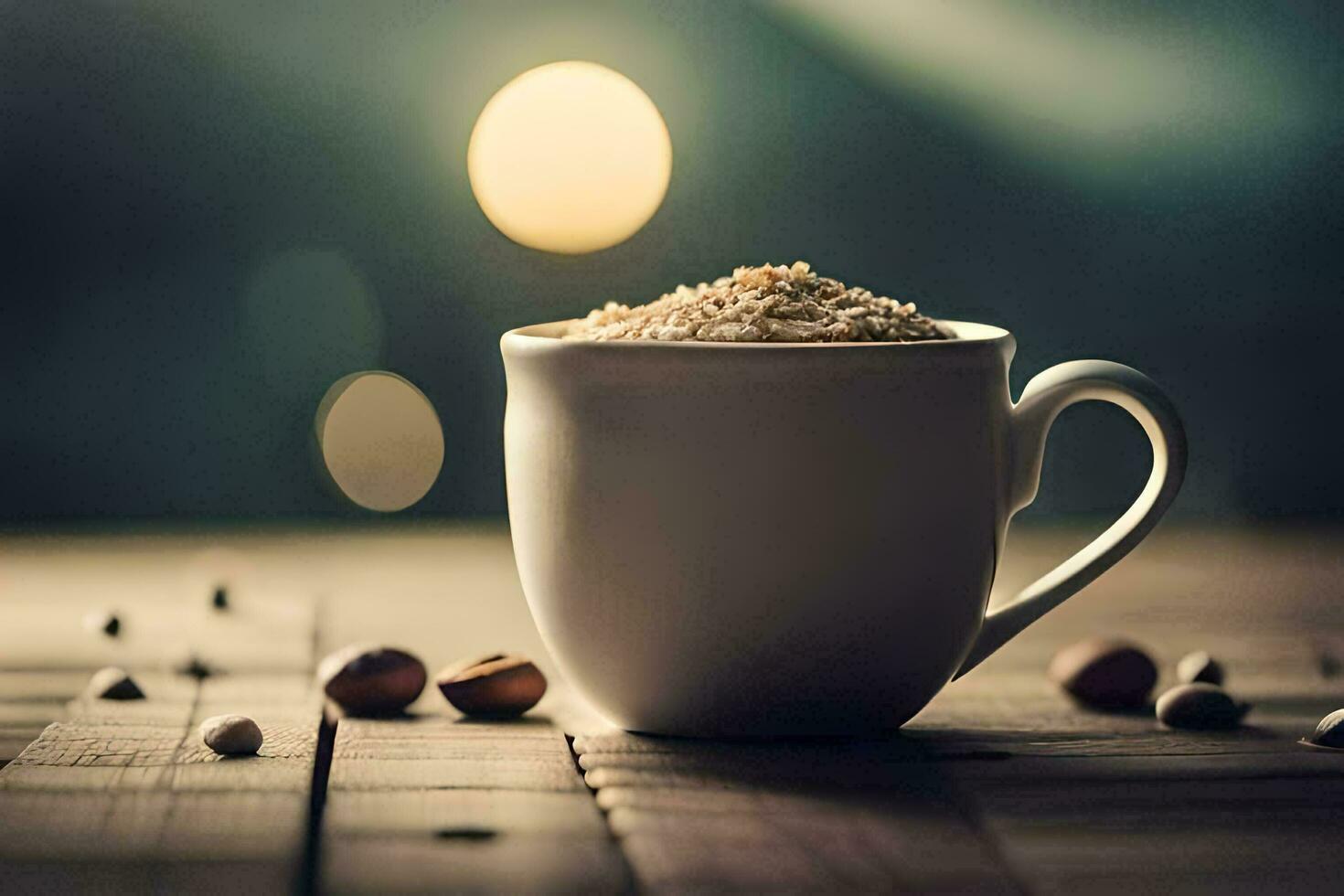 a cup of coffee with hazelnuts on a wooden table. AI-Generated photo
