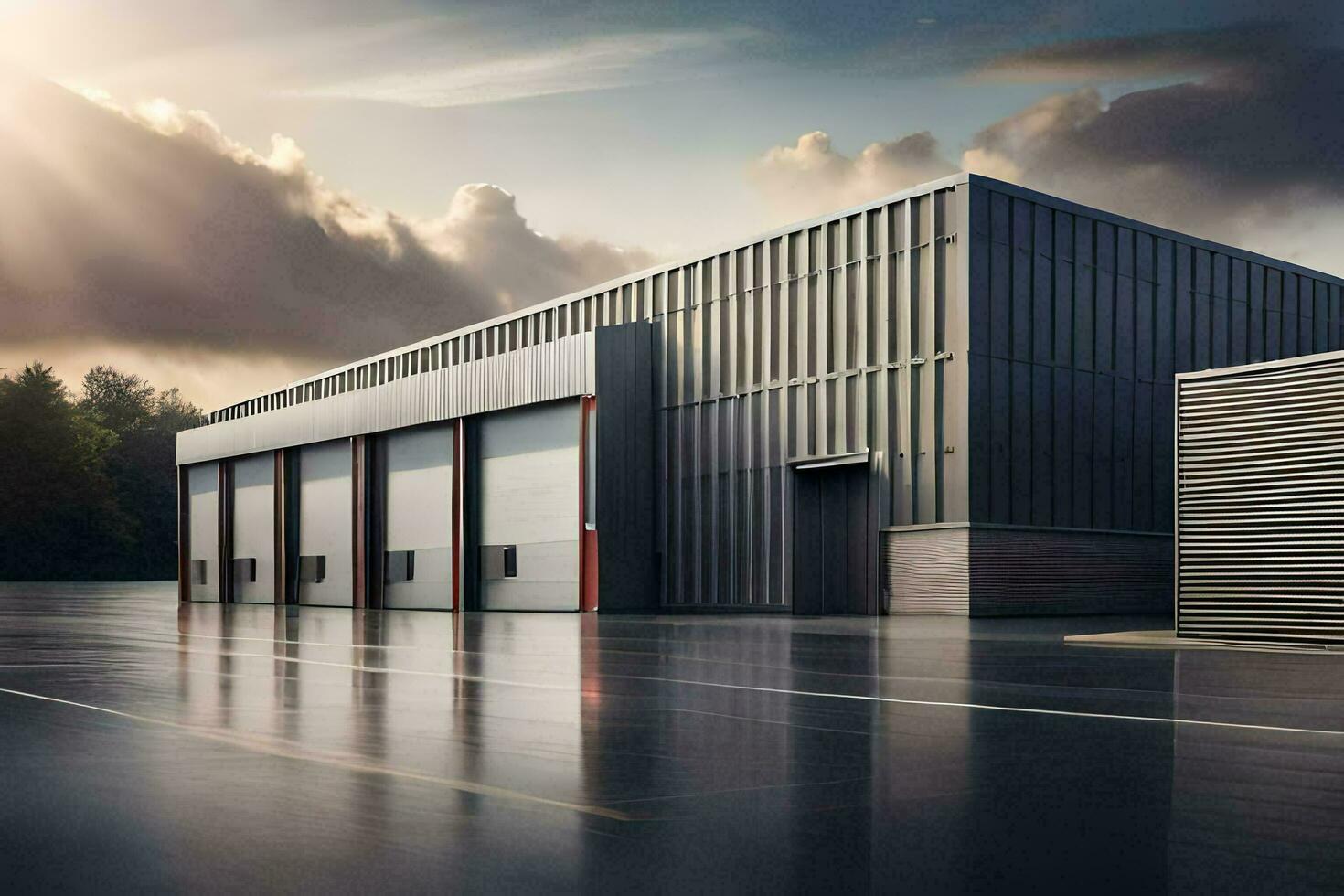 a large industrial building with a large garage door. AI-Generated photo