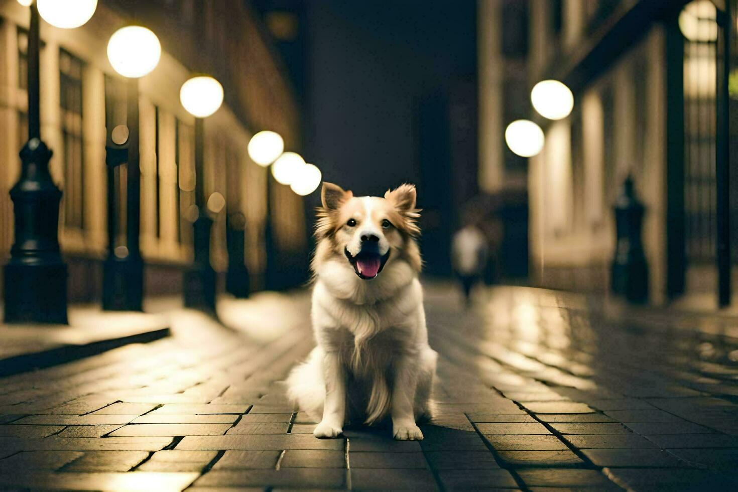 a dog sitting on the street at night. AI-Generated photo