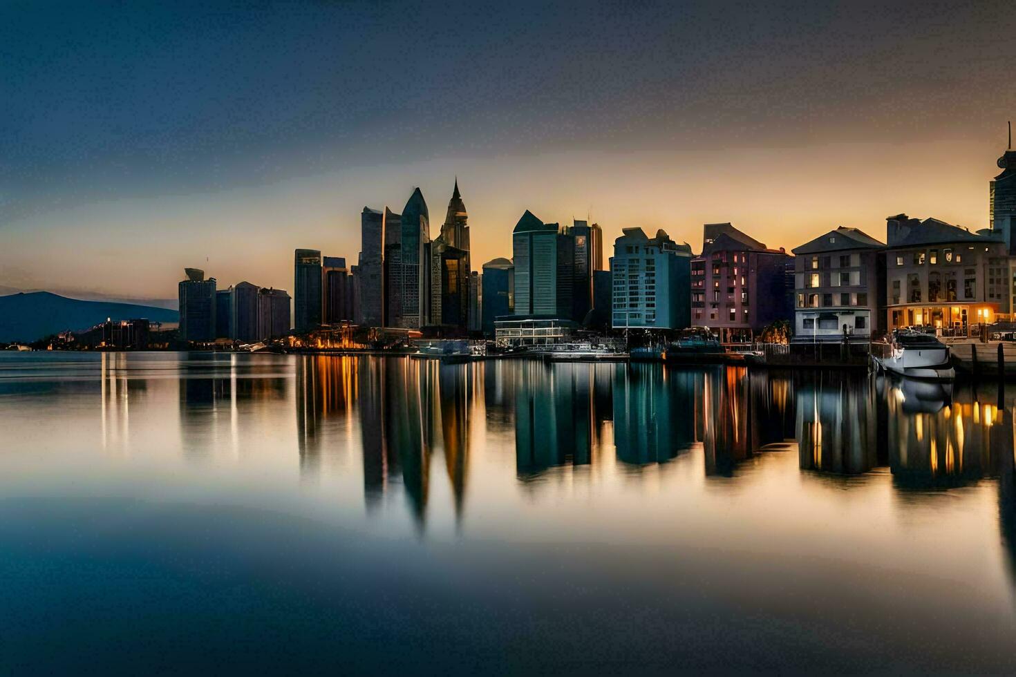 the city skyline is reflected in the water at sunset. AI-Generated photo