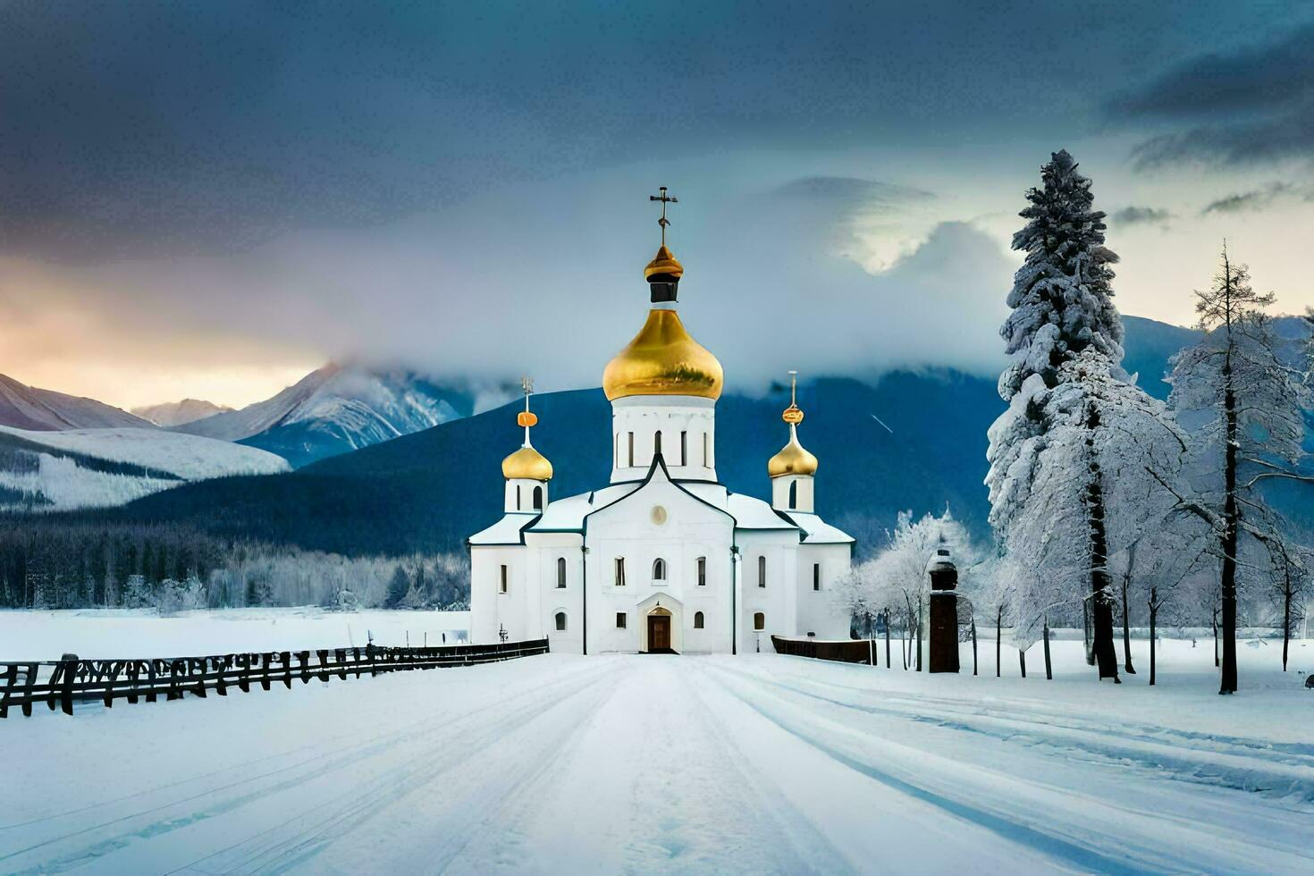 a white church with golden domes in the snow. AI-Generated photo