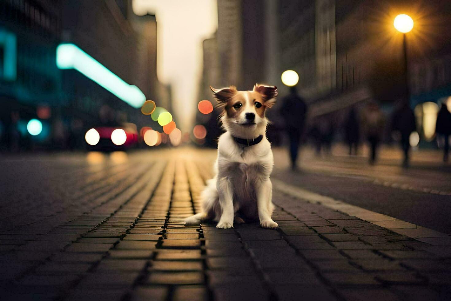 a dog sitting on the street at night. AI-Generated photo