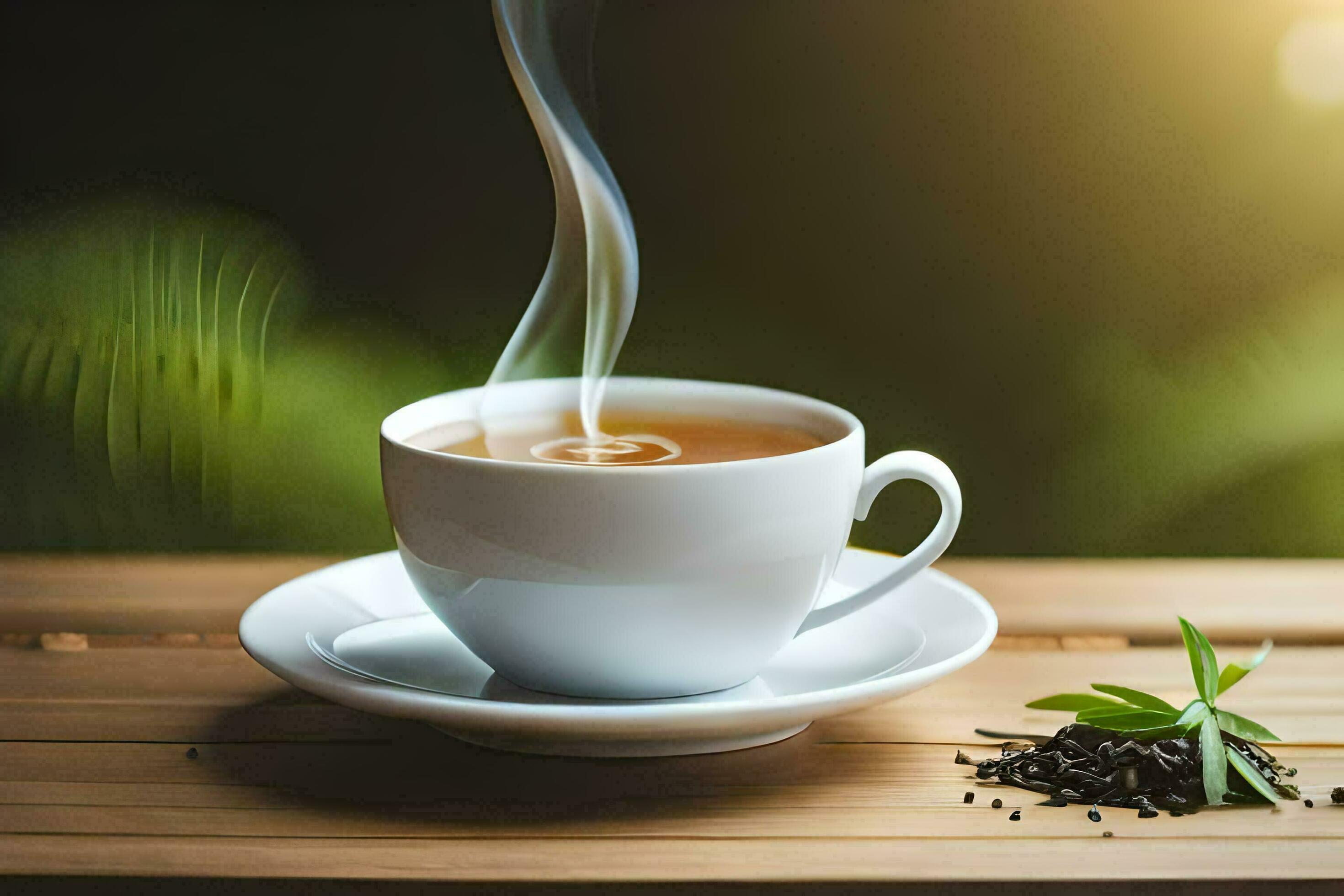 a cup of tea with a leaf on the table. AI-Generated 30182947 Stock Photo at Vecteezy