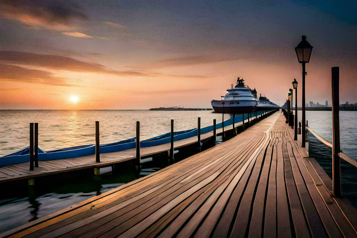a pier with a boat at sunset. AI-Generated photo