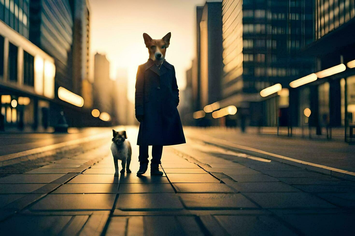 a man and his dog walking down a city street. AI-Generated photo