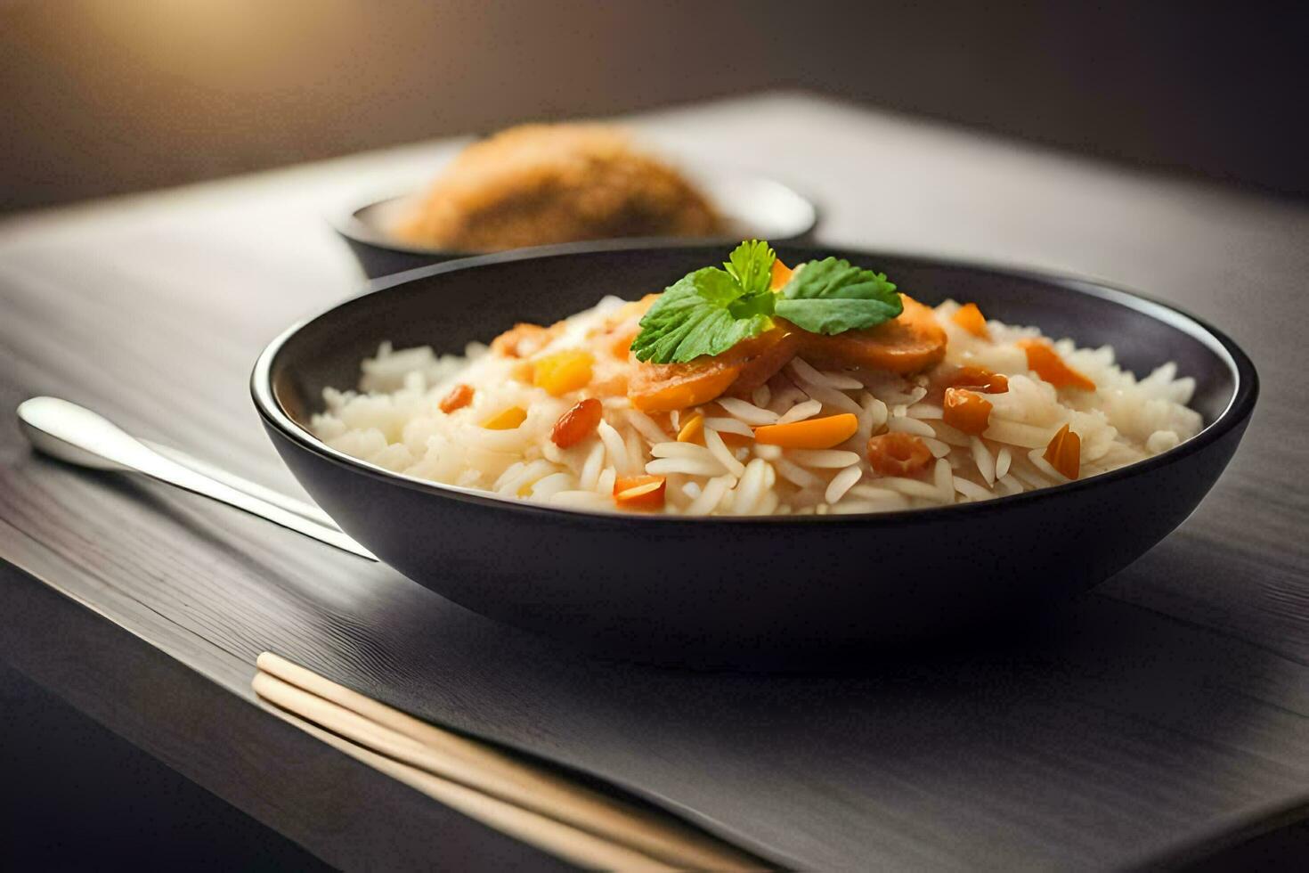 a bowl of rice with carrots and a spoon. AI-Generated photo