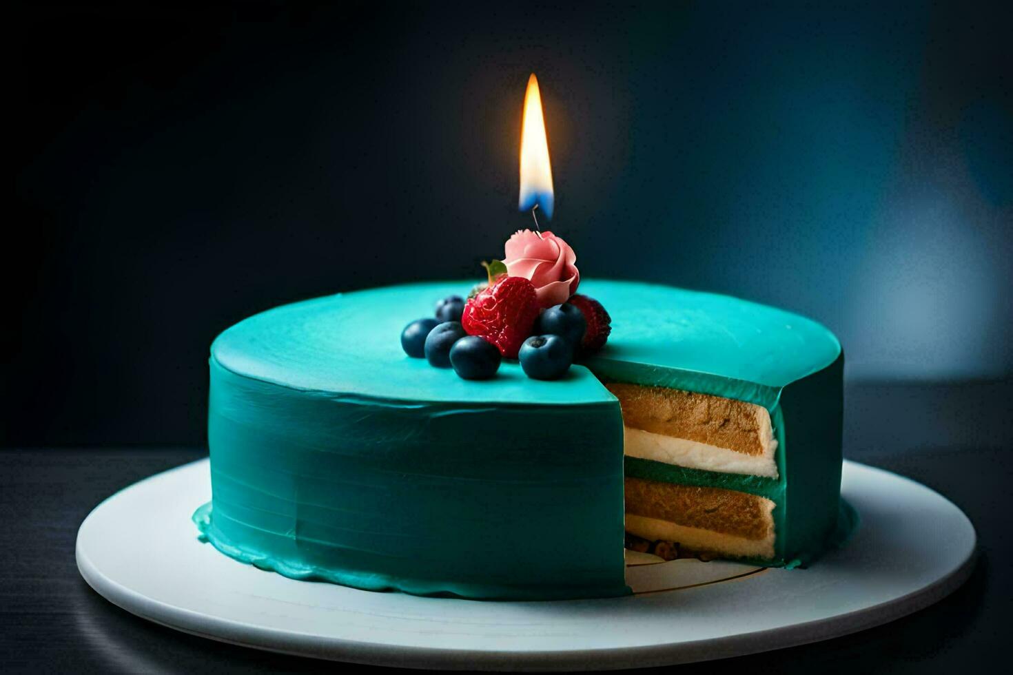 a blue cake with a candle on top. AI-Generated photo