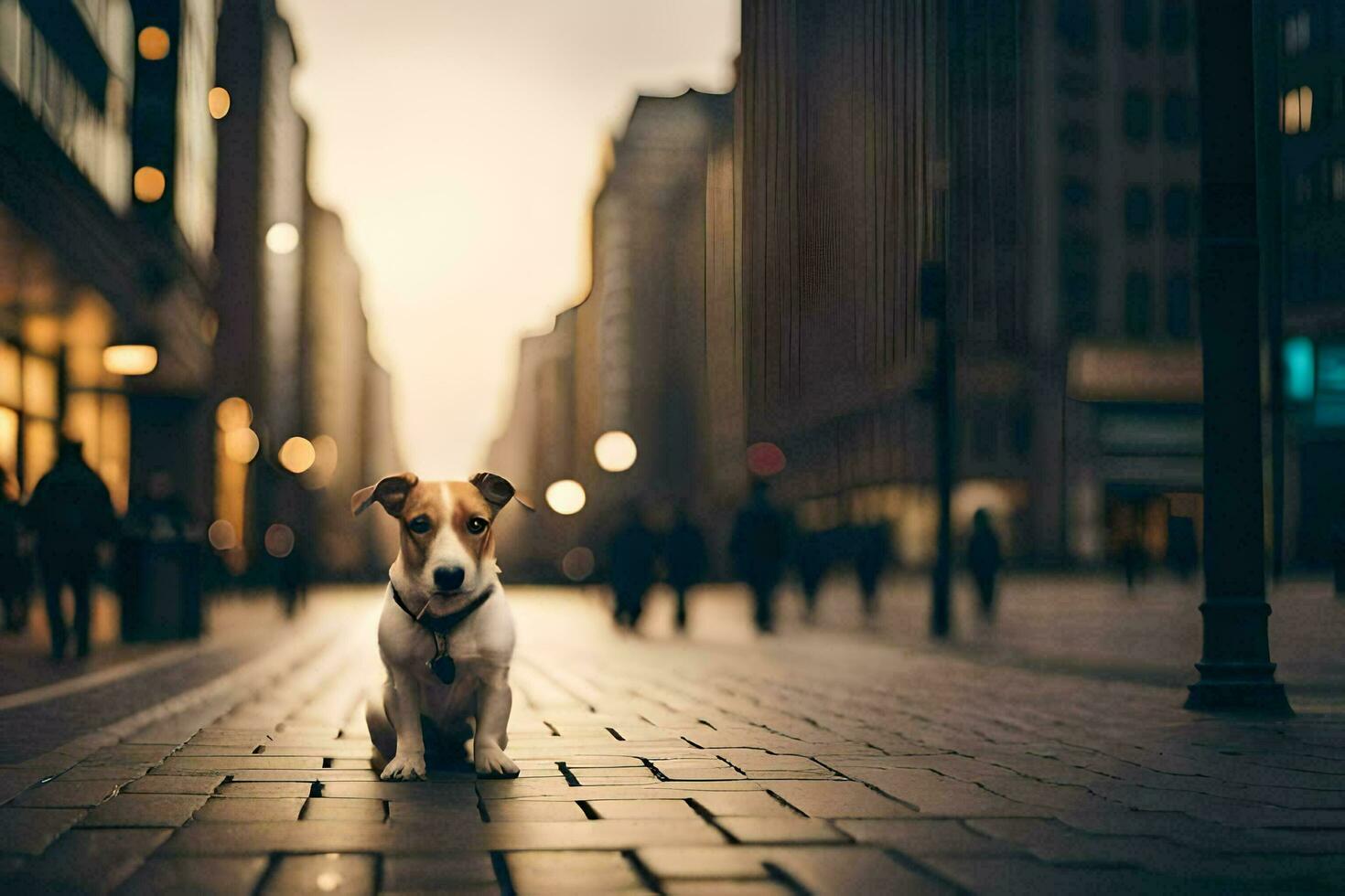 a dog is standing on a brick street in the middle of a city. AI-Generated photo