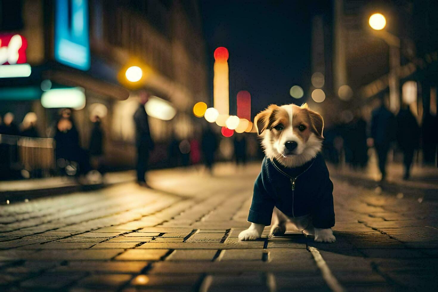 a dog in a jacket standing on a street at night. AI-Generated photo