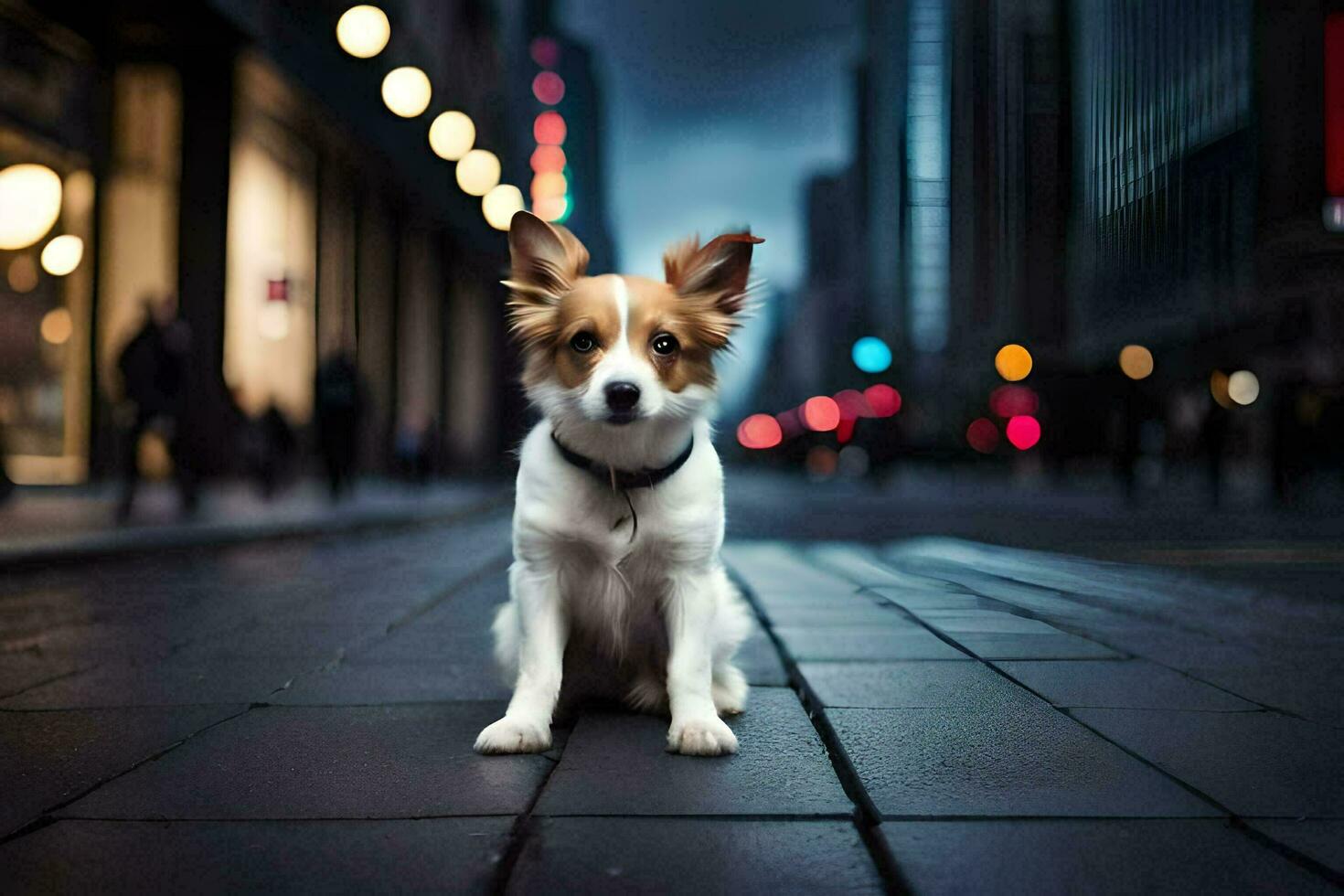a dog sitting on the sidewalk in the city. AI-Generated photo