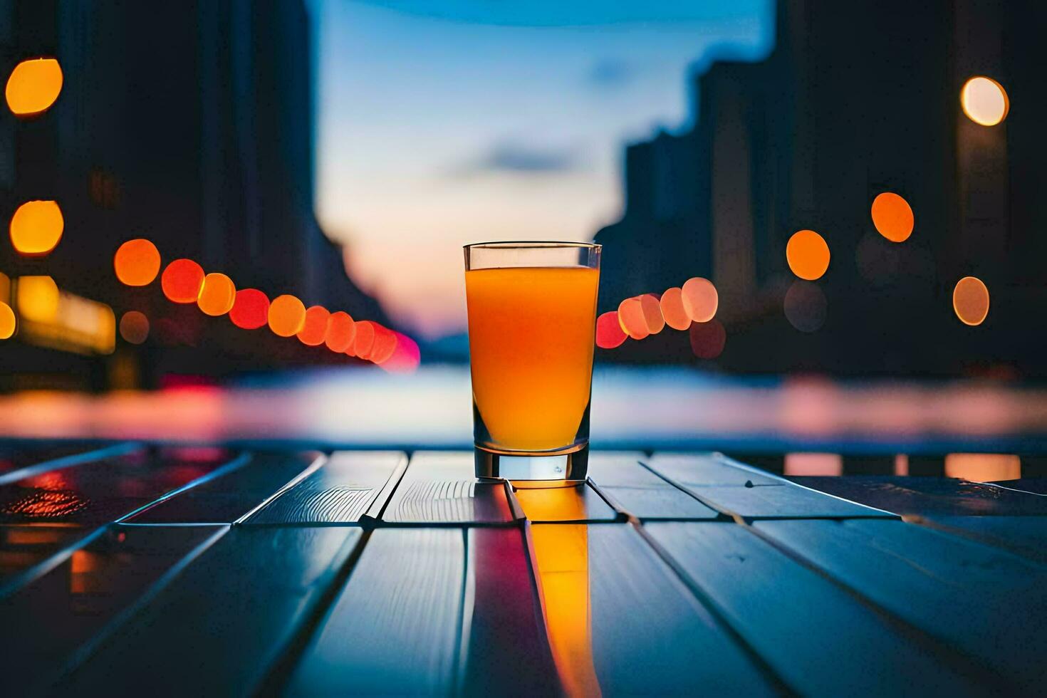 a glass of orange juice on a table in front of a city. AI-Generated photo
