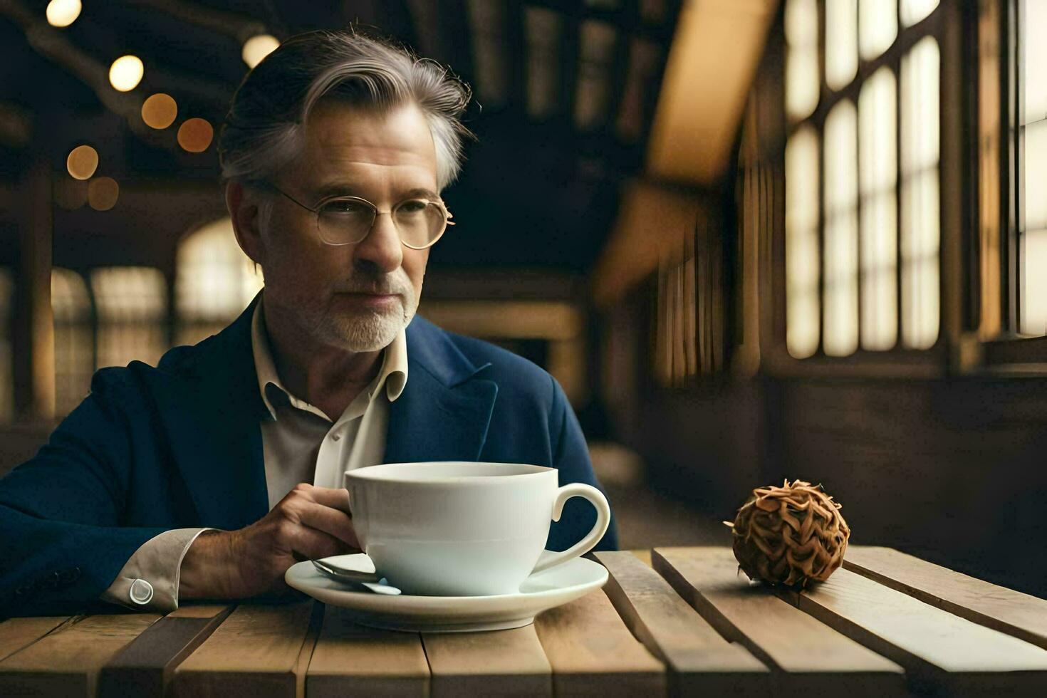 a man in glasses sitting at a table with a cup of coffee. AI-Generated photo
