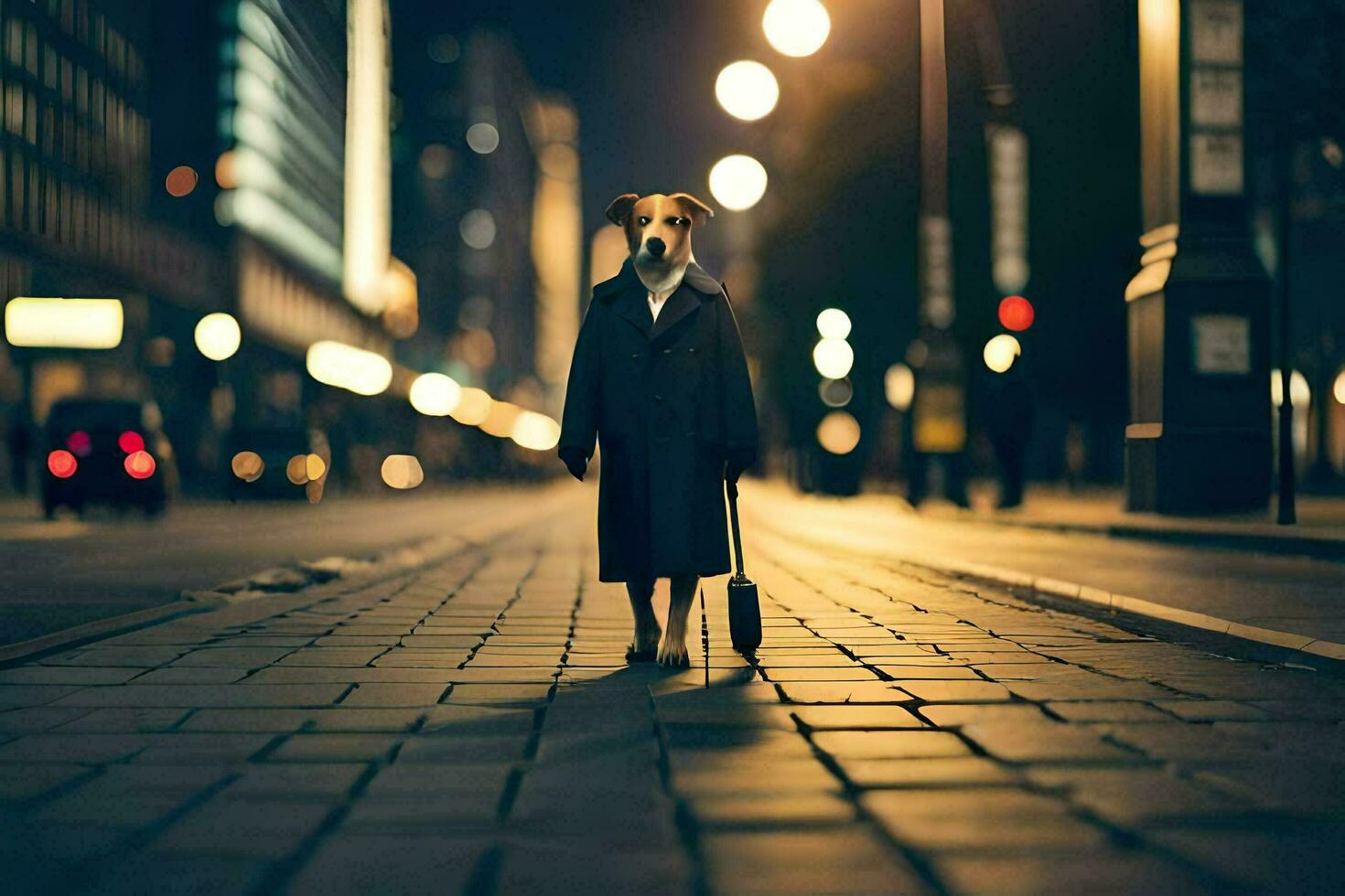 a dog in a coat standing on a street at night. AI-Generated photo