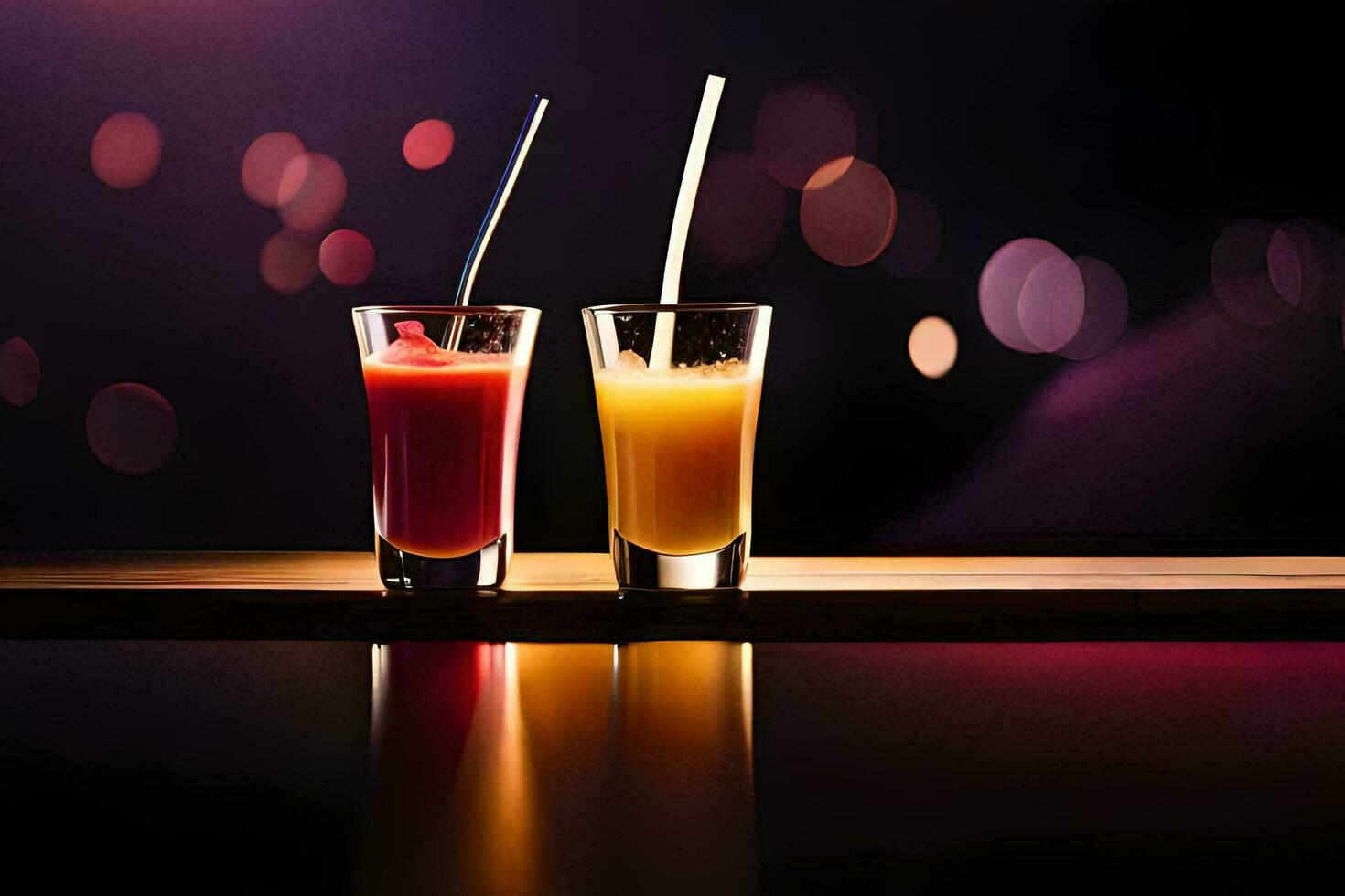 two glasses of orange juice with straws on a table. AI-Generated photo