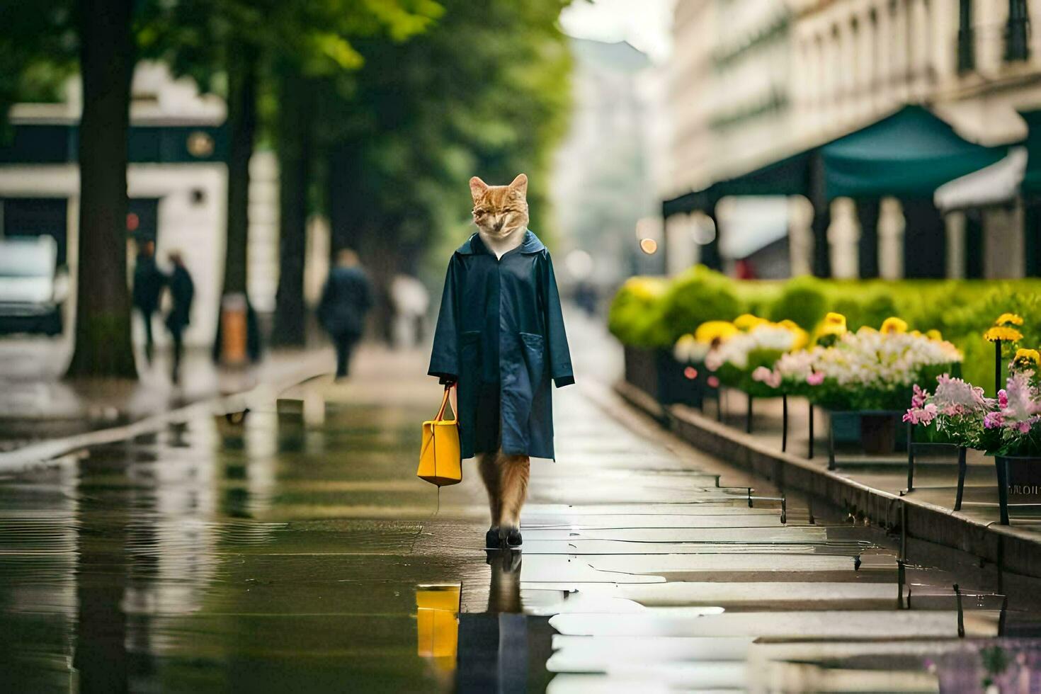a fox in a raincoat walking down a street. AI-Generated photo