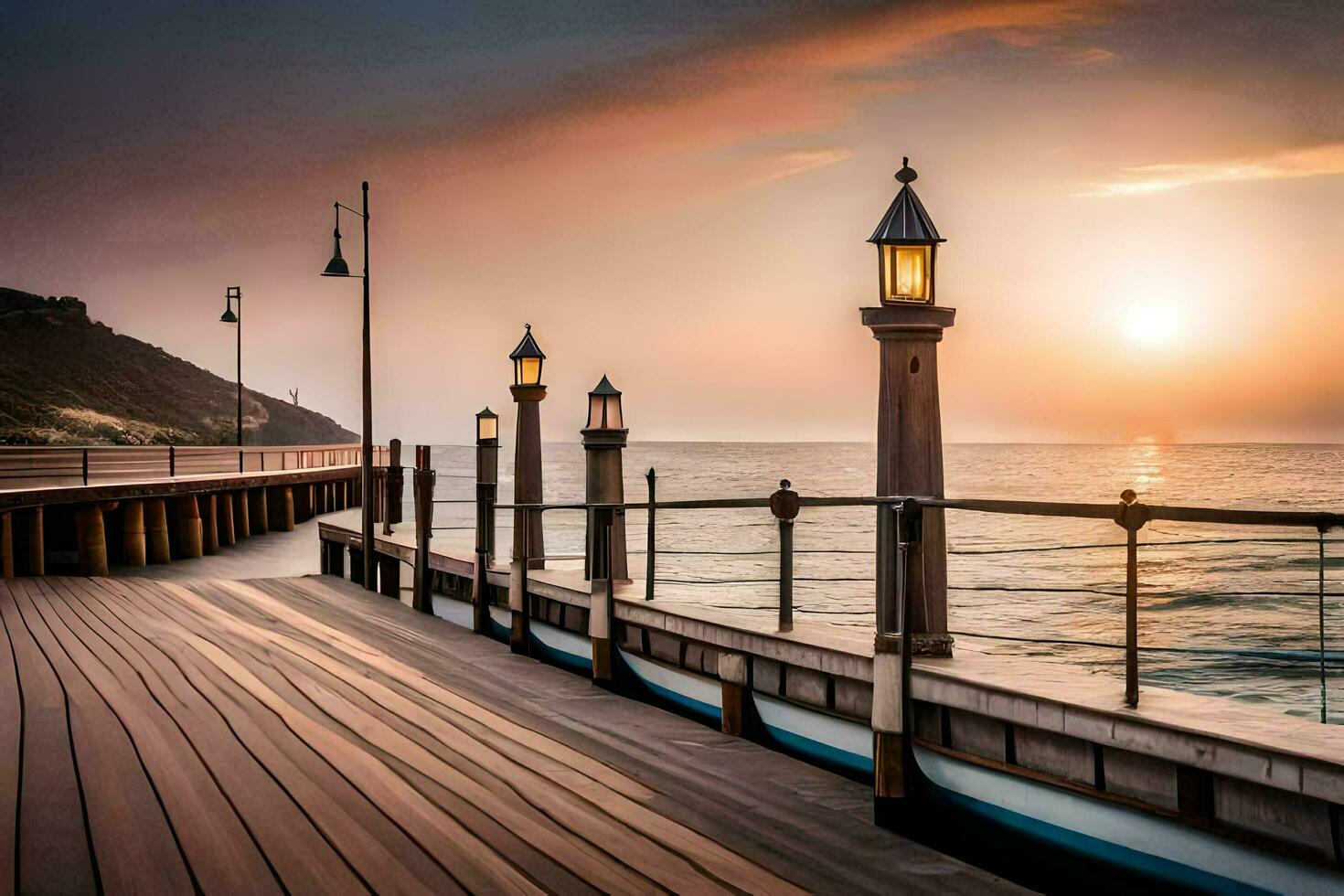 a pier with wooden benches and lamps at sunset. AI-Generated photo