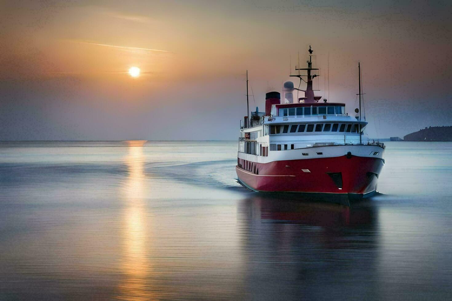 a red and white ferry boat traveling in the ocean. AI-Generated photo