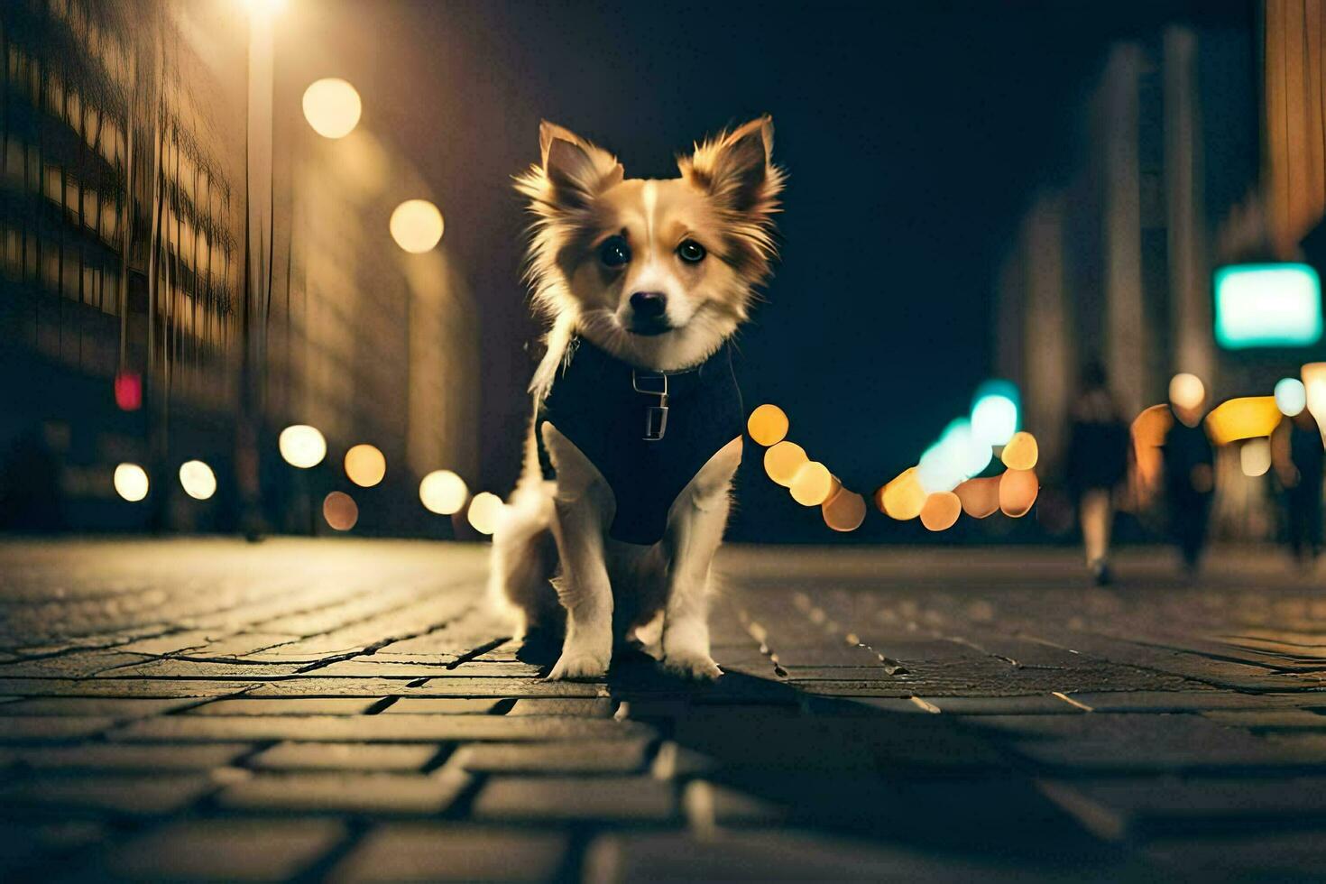 a dog standing on a street at night. AI-Generated photo