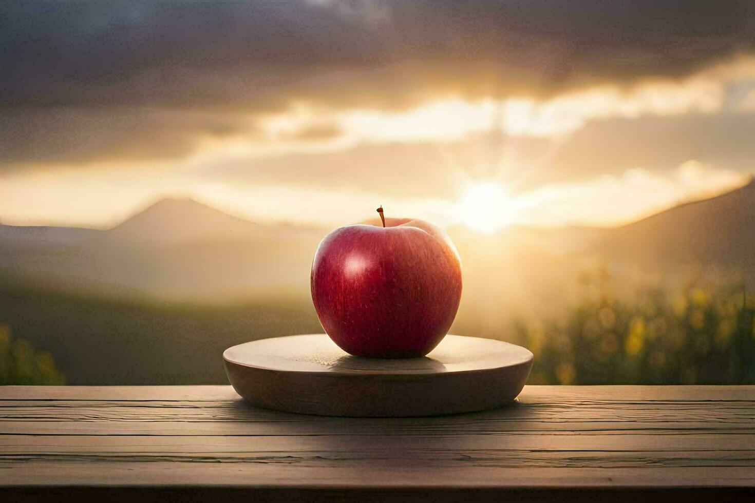 an apple sits on a wooden table in front of a sunset. AI-Generated photo
