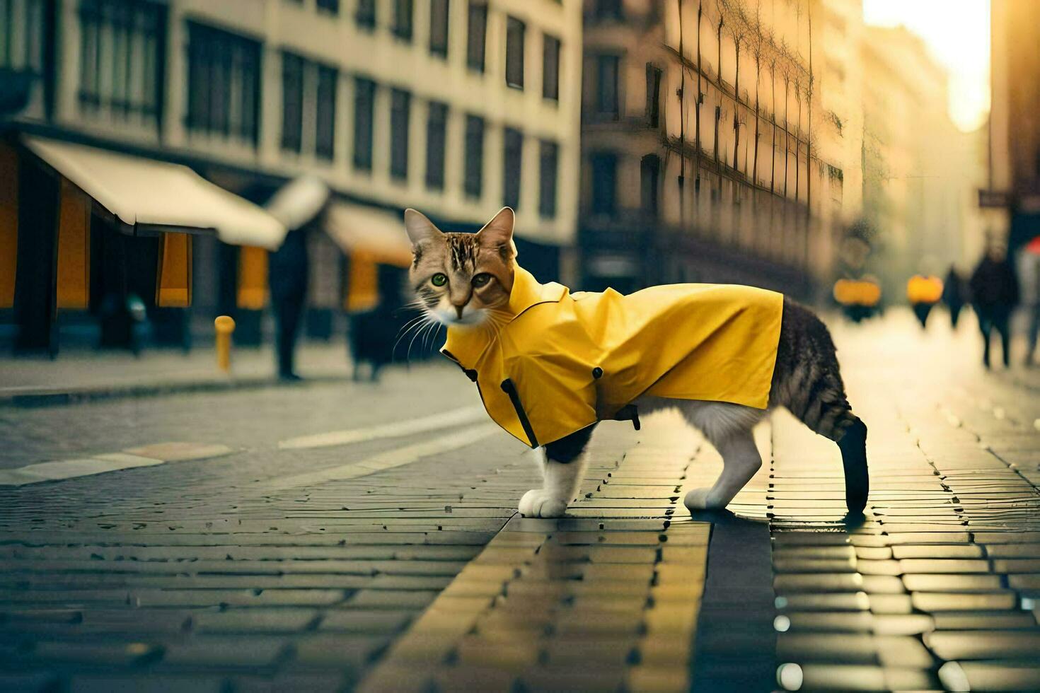 Premium AI Image  a cat wearing a coat with a yellow jacket on it