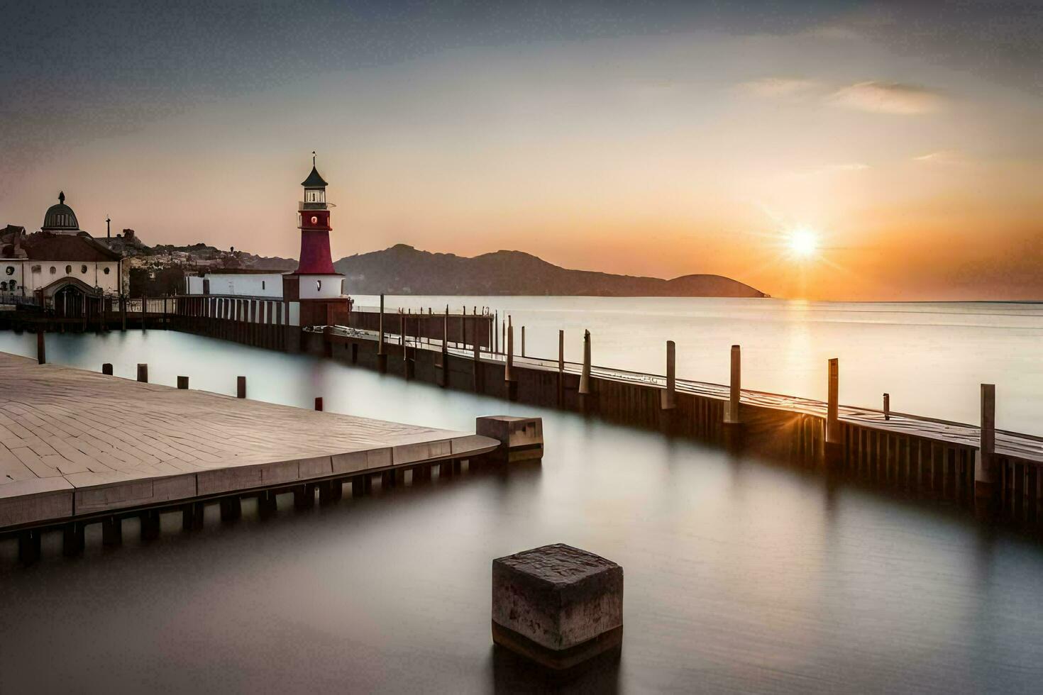 a long exposure photograph of a lighthouse at sunset. AI-Generated photo