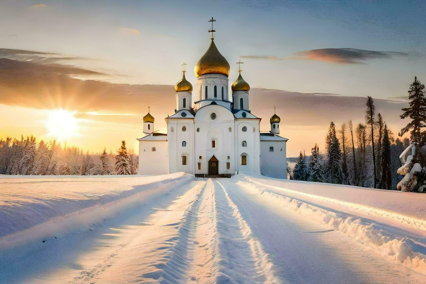 a church in the snow with the sun setting behind it. AI-Generated photo