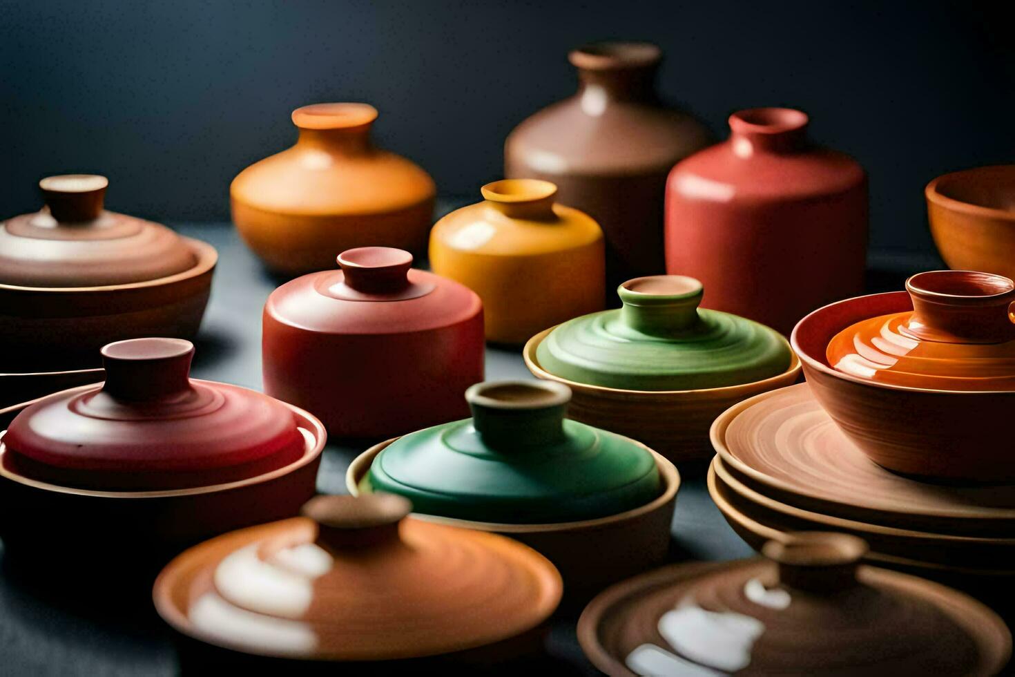 a collection of colorful ceramic pots and bowls. AI-Generated photo