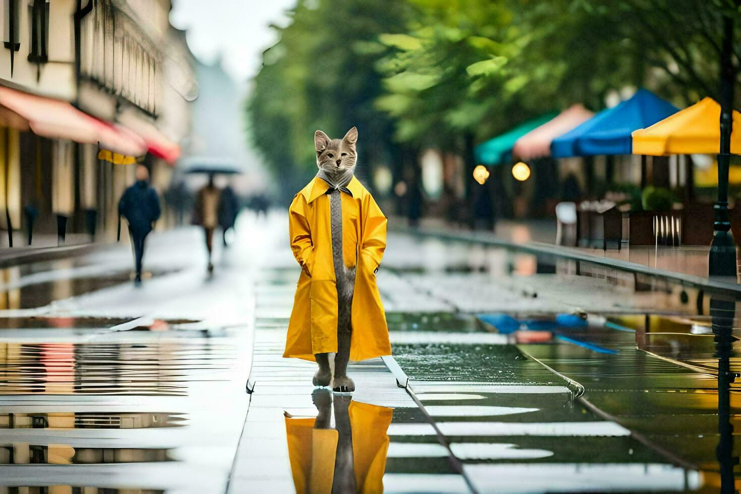 a cat in a yellow raincoat standing on a wet street. AI-Generated photo