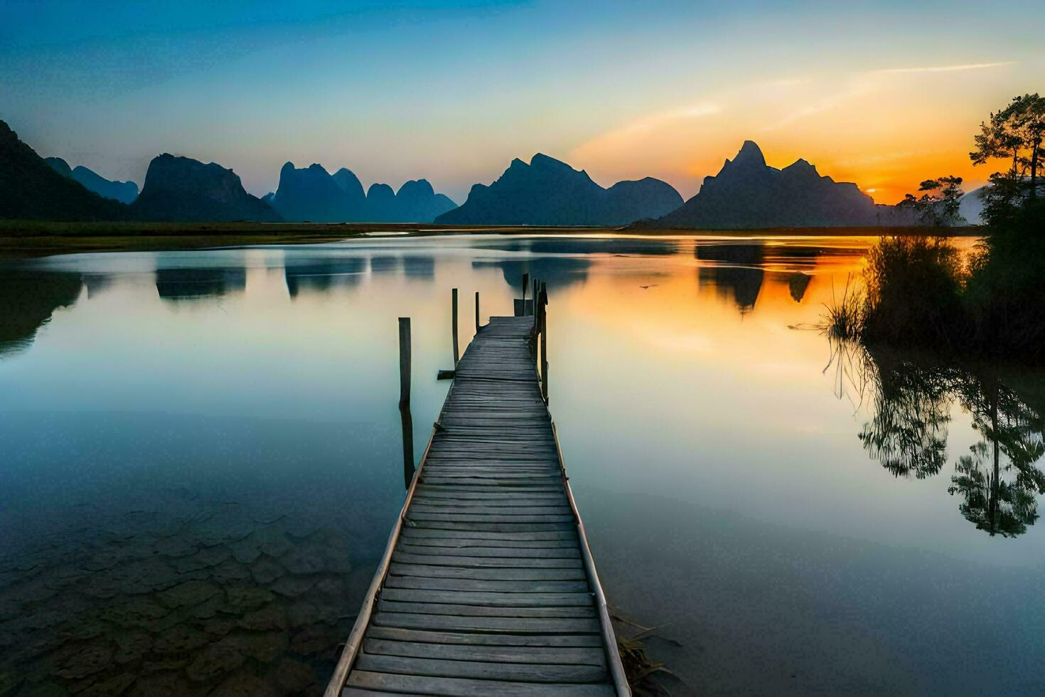 a wooden pier in the middle of a lake at sunset. AI-Generated photo