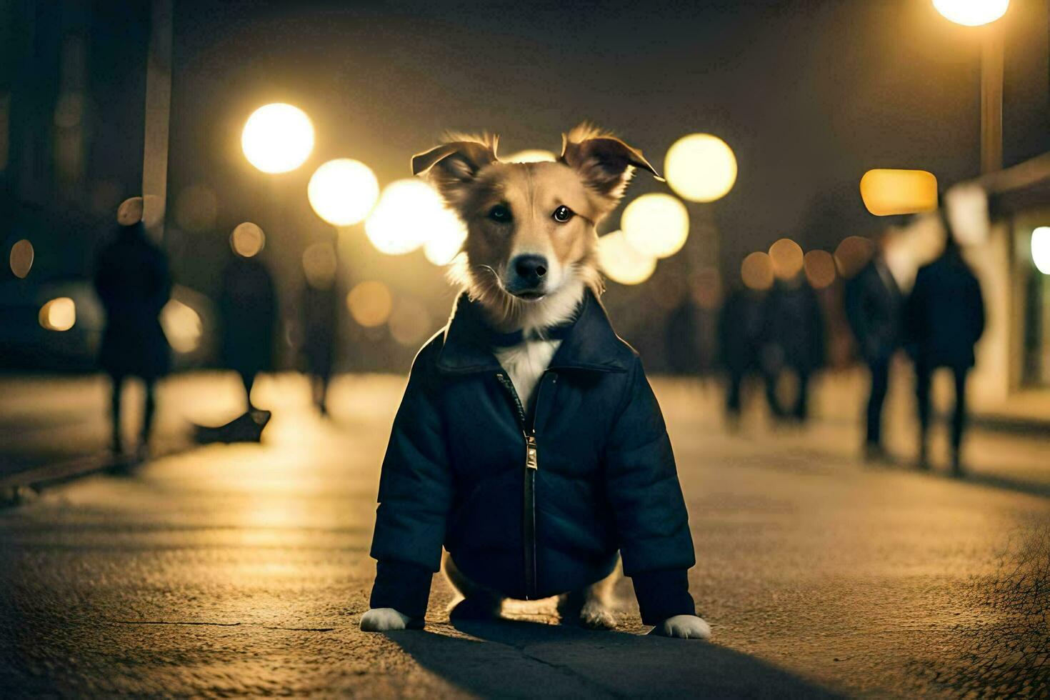 un perro vistiendo un chaqueta en el calle a noche. generado por ai foto