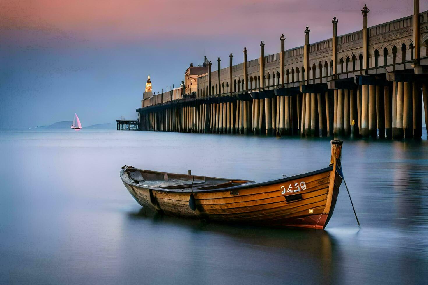 a boat sits on the water near a pier. AI-Generated photo