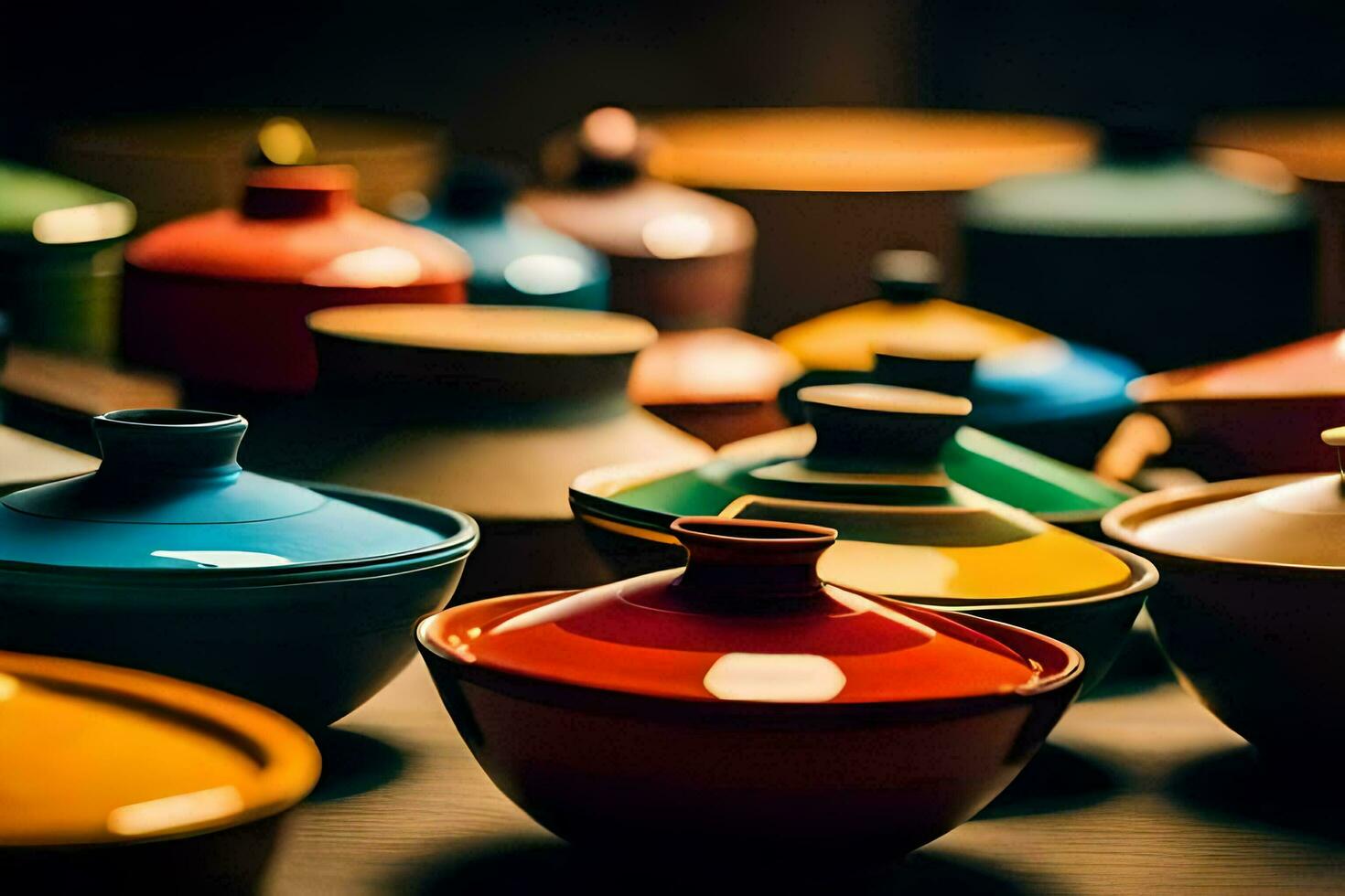 colorful bowls and lids on a table. AI-Generated photo