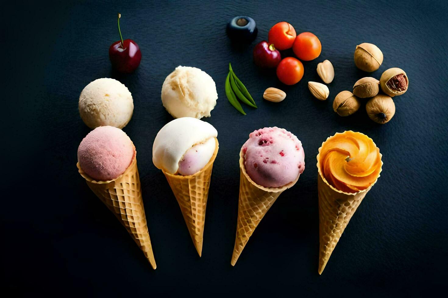 different types of ice cream in cones on a black background. AI-Generated photo